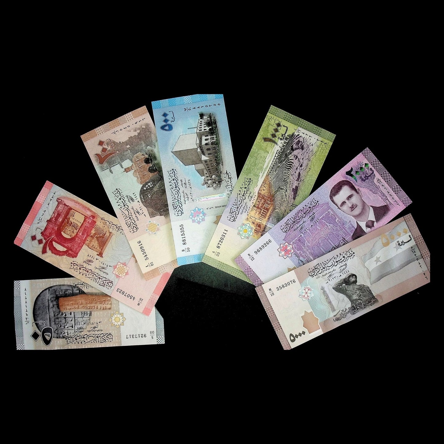 7 Banknote Set from Syria early 2000s - 2020s featuring Bashar al-Assad