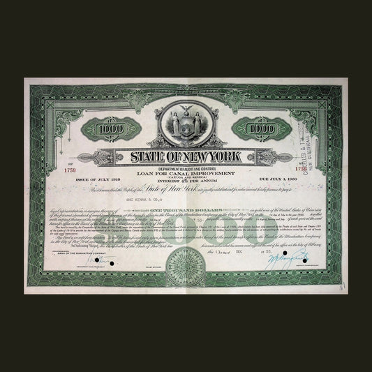 State of New York Erie Canal Improvement Bond Certificate from the 1950s