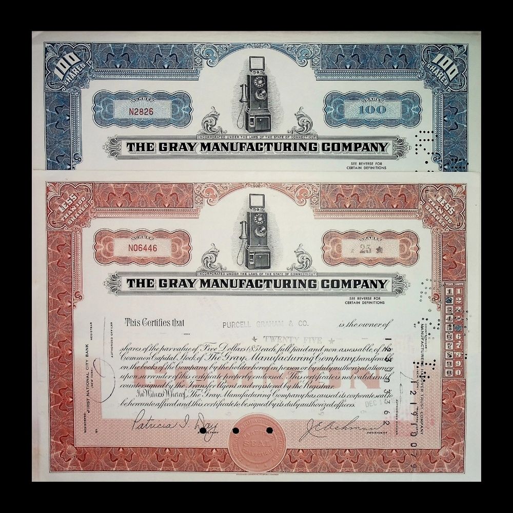 Gray Manufacturing Stock Certificate from 1950s / 1960s