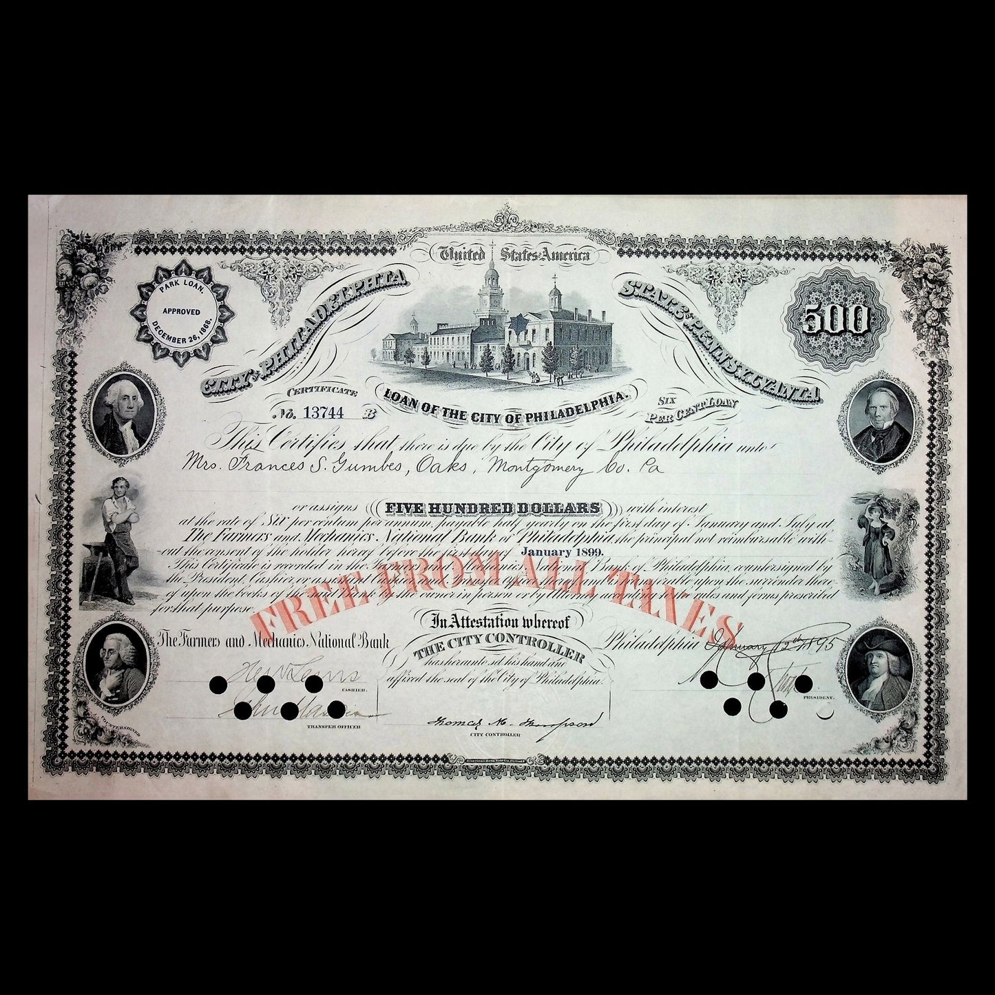 1899 年费城市债券证书(附有 10 个插图!)