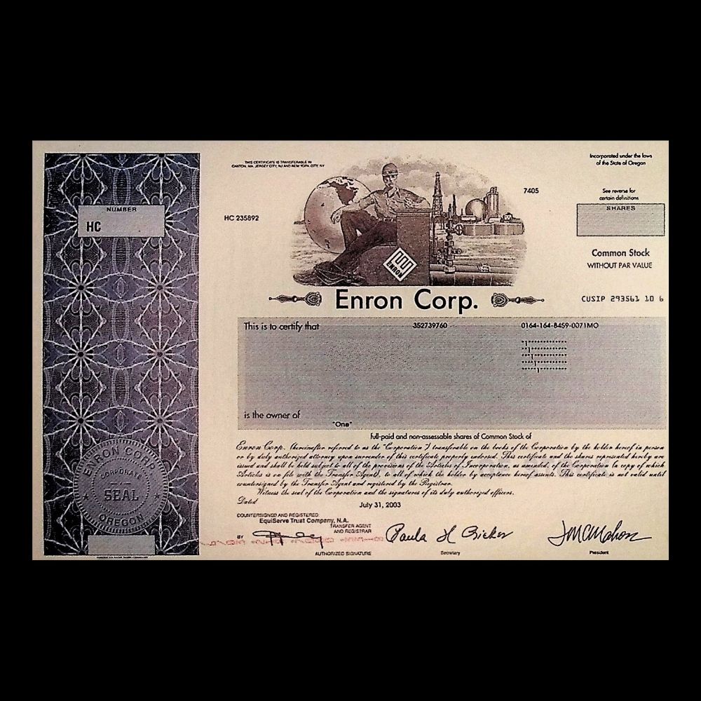 Enron Stock Certificate Replica Postcard Blank 4x6 Ticker History