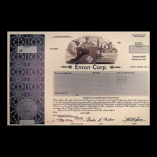 Enron Stock Certificate Replica Postcard Blank 4x6