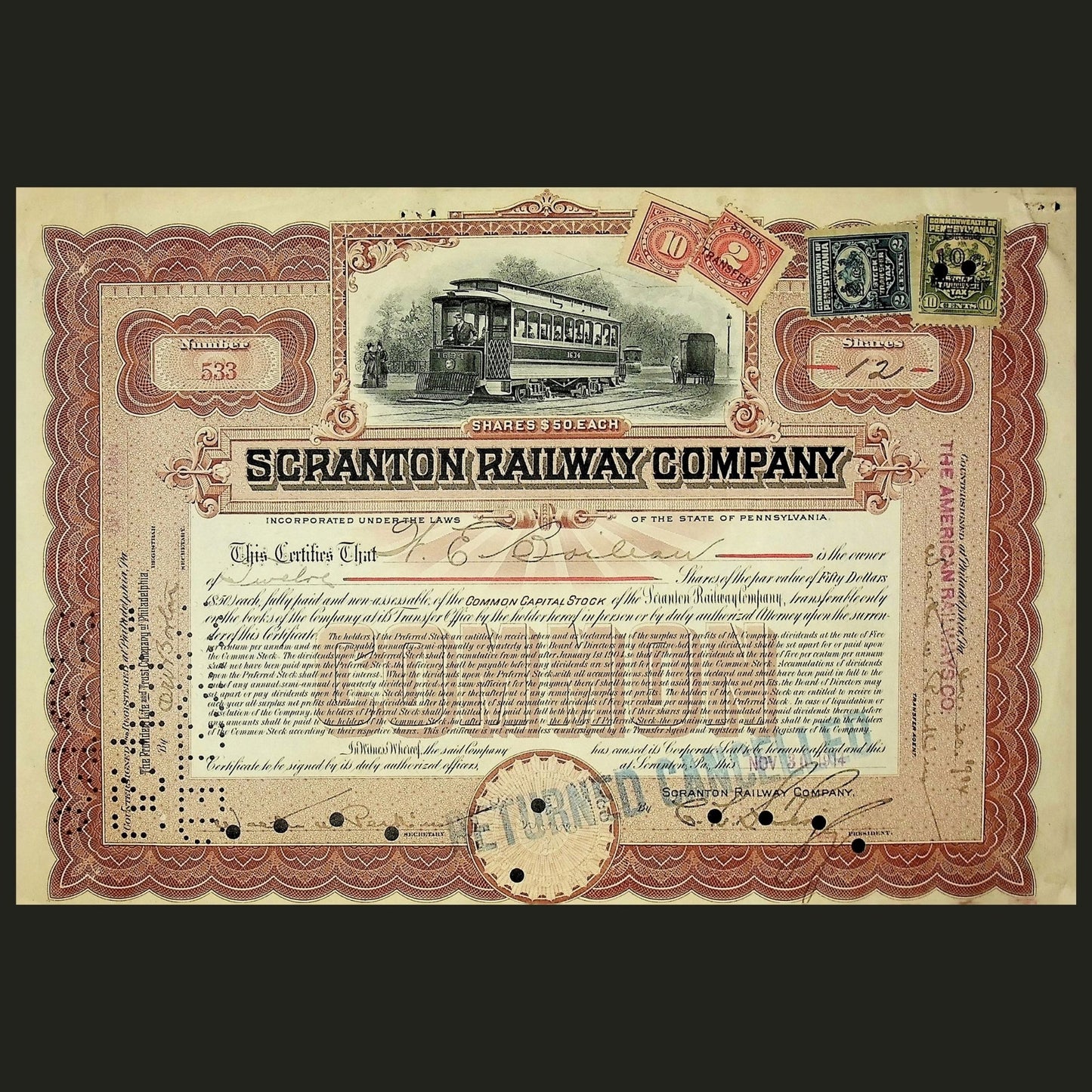 Scranton Railway Company Stock Certificate from 1914