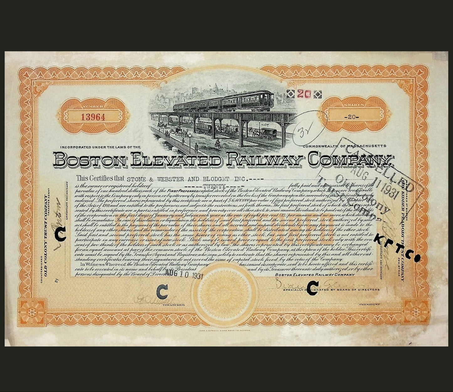 Boston Elevated Railway Company Stock Certificate from 1931