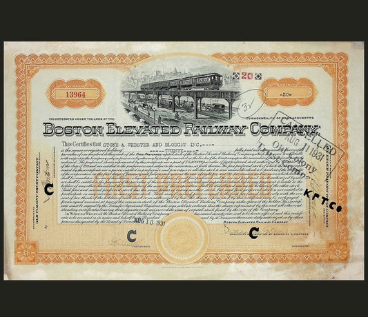 Boston Elevated Railway Company Stock Certificate from 1931