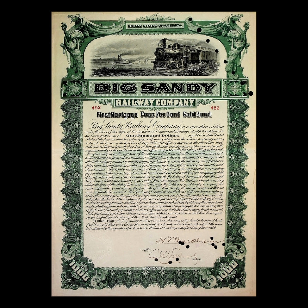 Big Sandy Railway Gold Bond Certificate from 1904 - Kentucky and West Virginia