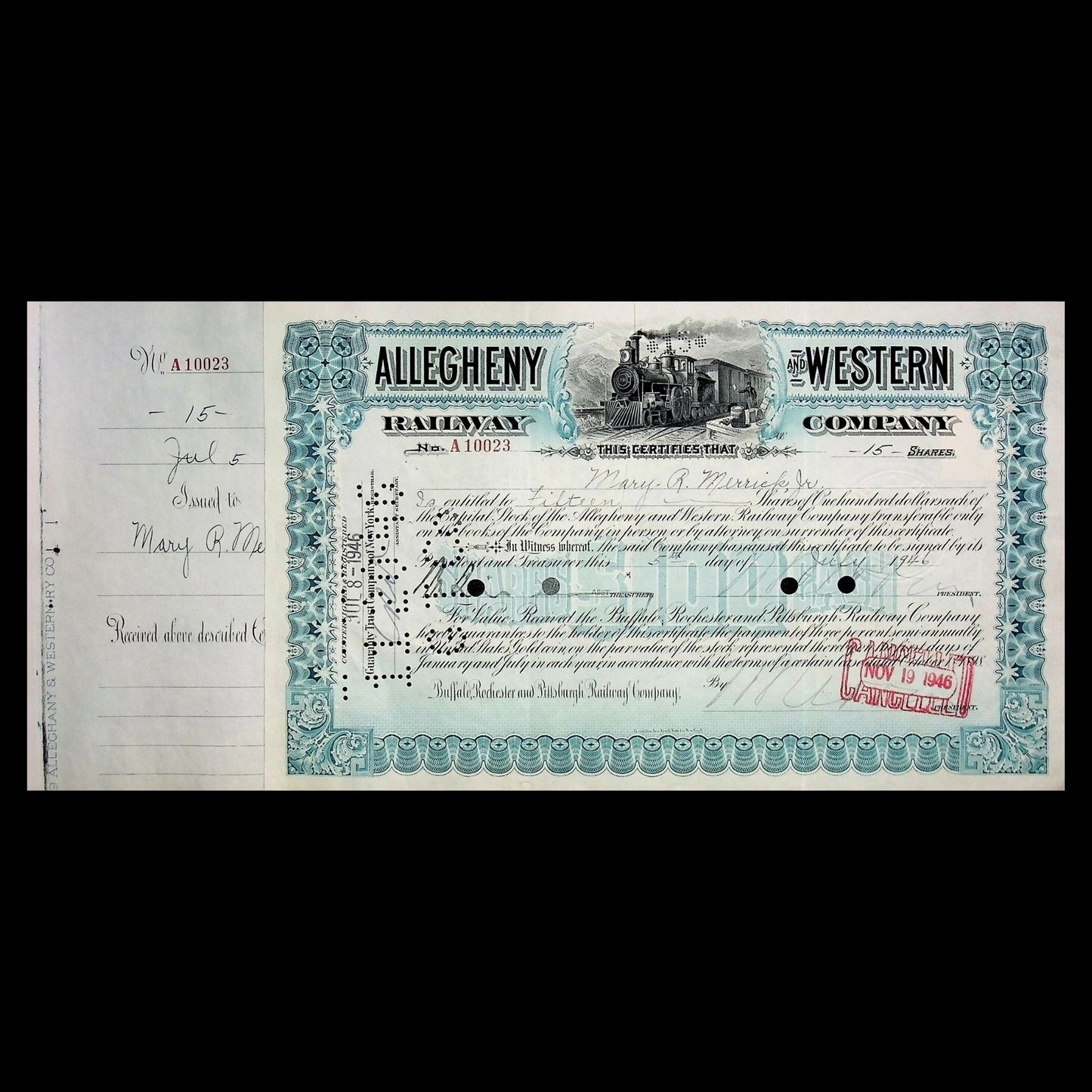 Allegheny and Western Railway Stock Certificate from 1930 to 1940s