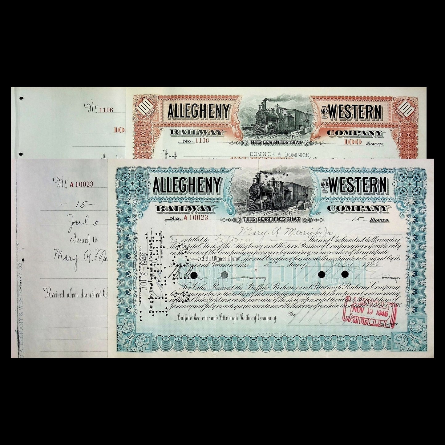 Allegheny and Western Railway Stock Certificate from 1930 to 1940s