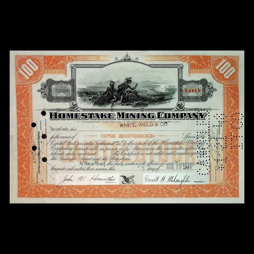 Homestake Mining Company from South Dakota Stock Certificate 1930s to 1940s