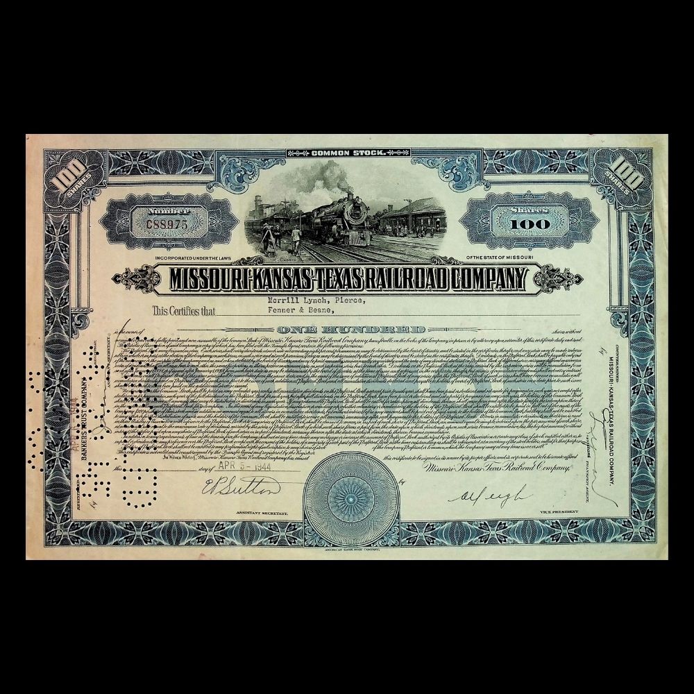 Missouri-Kansas Texas Railroad (Katy Railroad) Company Stock Certificate from 1940s