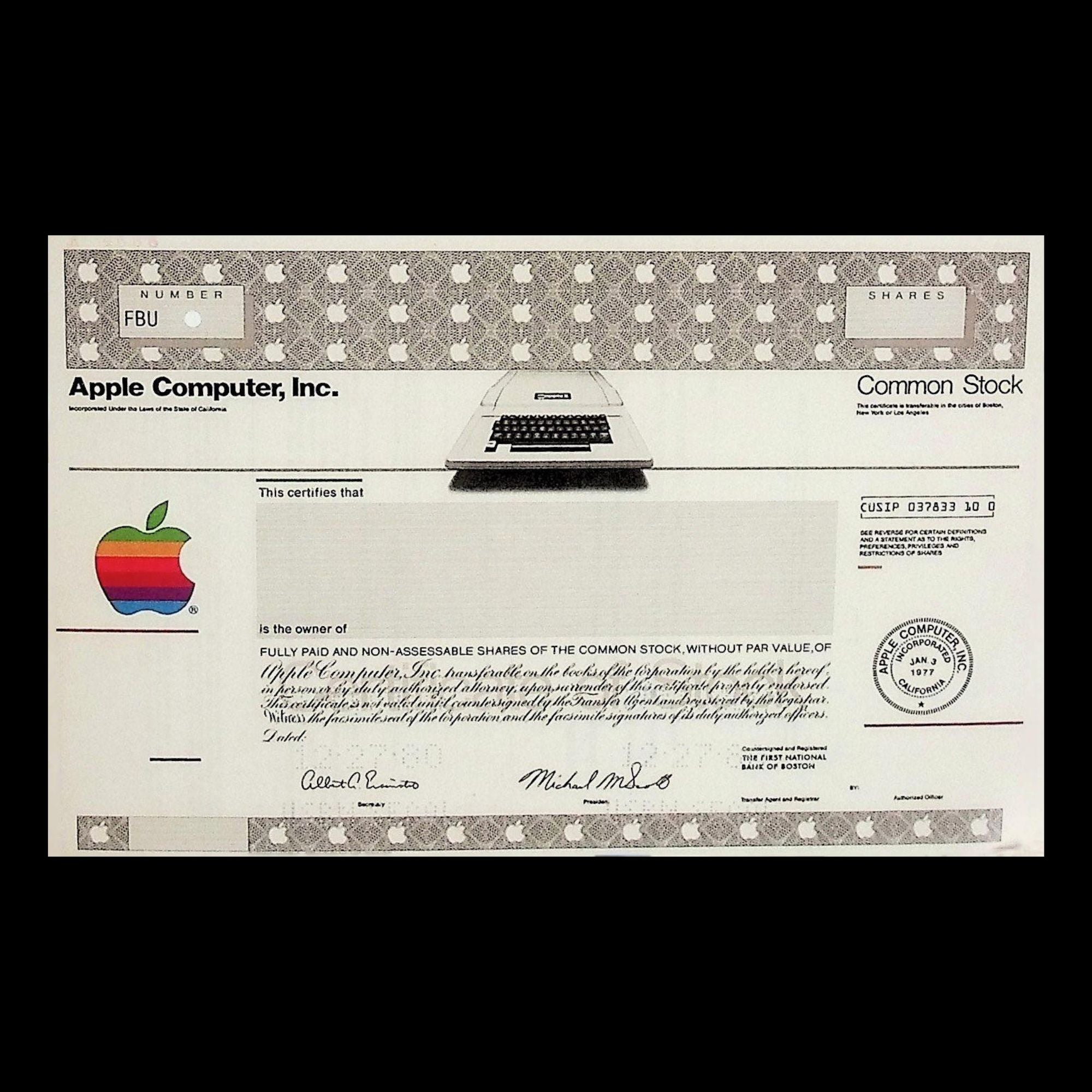Apple Computer Stock Certificate 1980s 4
