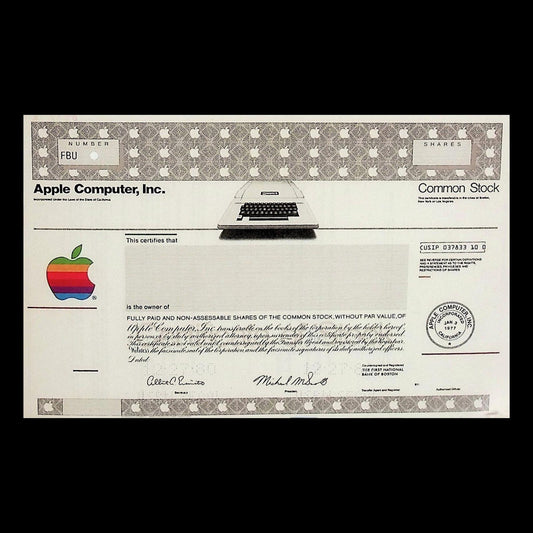Apple Computer Stock Certificate 1980s 4" x "6 Blank Postcard Replica