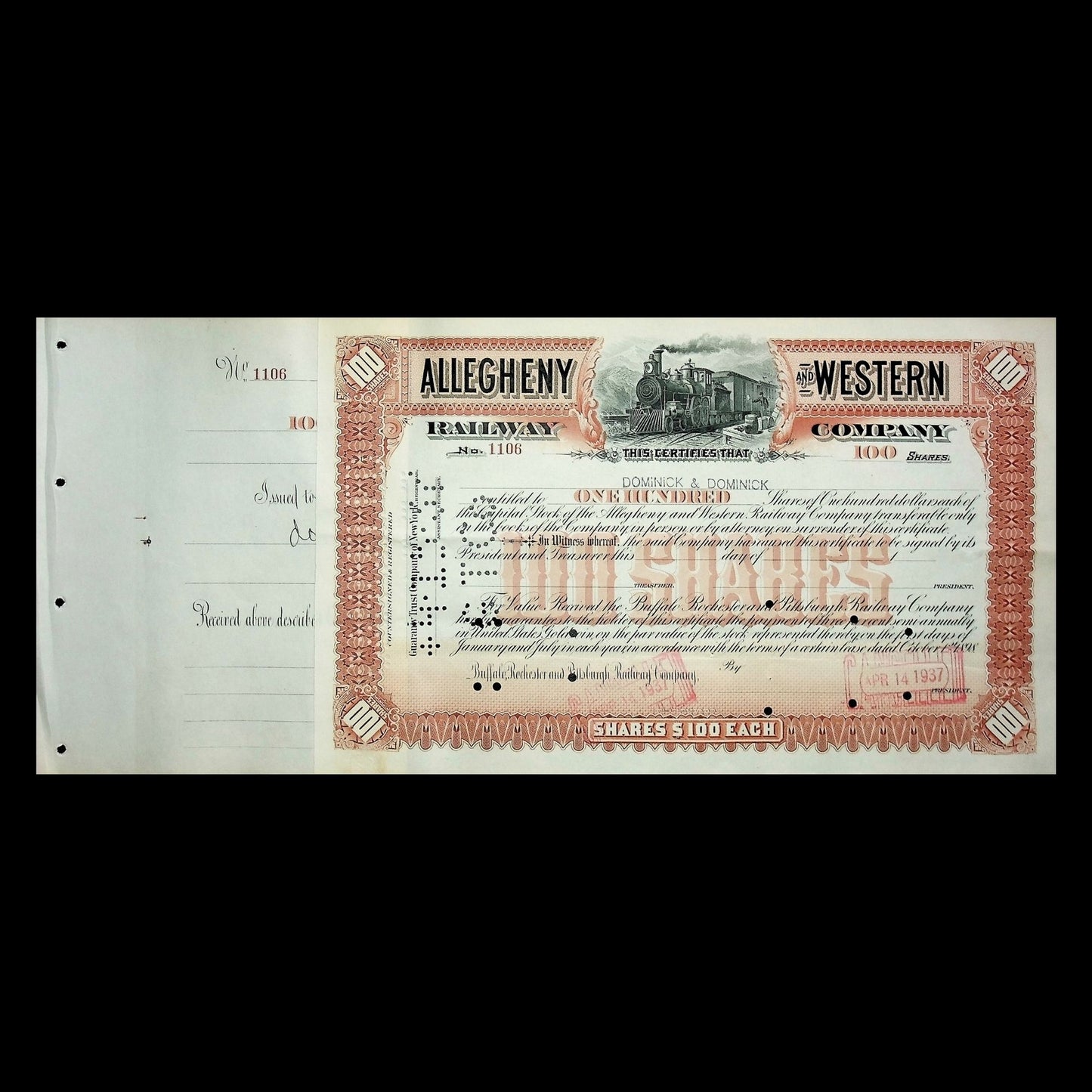 Allegheny and Western Railway Stock Certificate from 1930 to 1940s