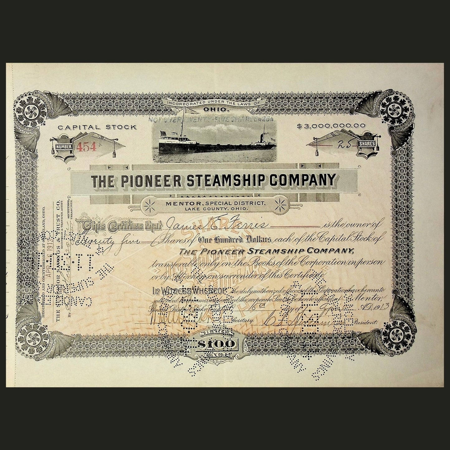 1913 年先锋轮船公司股票证书