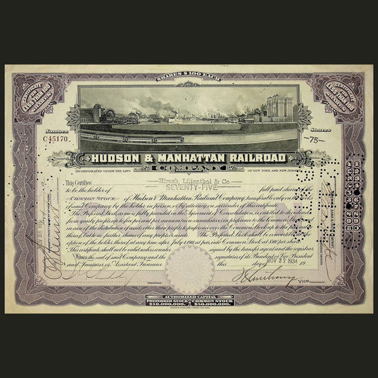 Hudson & Manhattan Railroad (tunnel under Hudson River now the PATH) Stock Certificate from 1930s