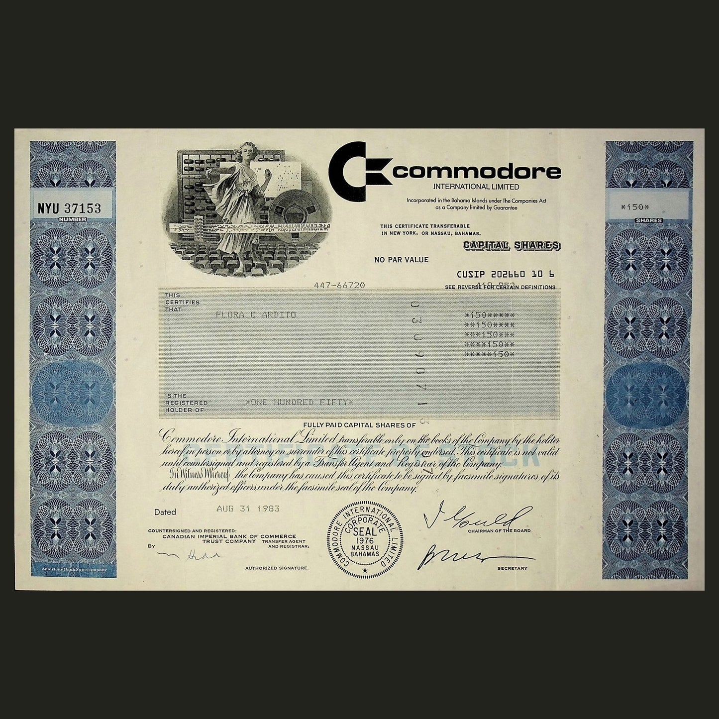 1983 年的 Commodore International (Commodore 64) 股票证书