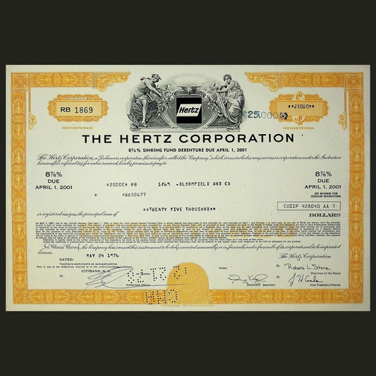 Hertz Corporation Bond Certificate from 1970s