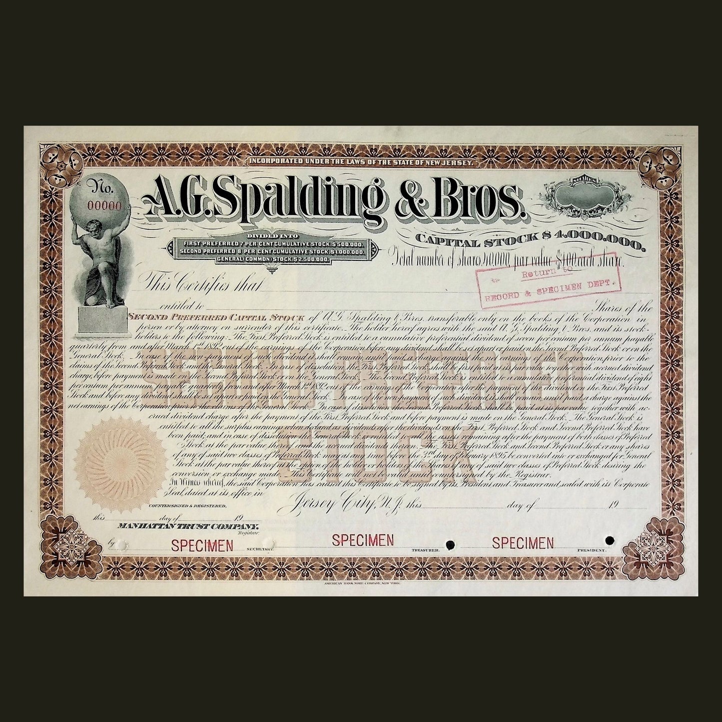 A. G. Spalding & Bros Stock Certificate Specimen early 1900s