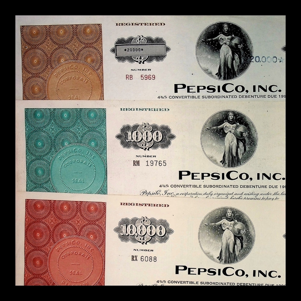 PepsiCo Bond Certificate Combo (Red, Cyan, Yellow) – New York, 1970s
