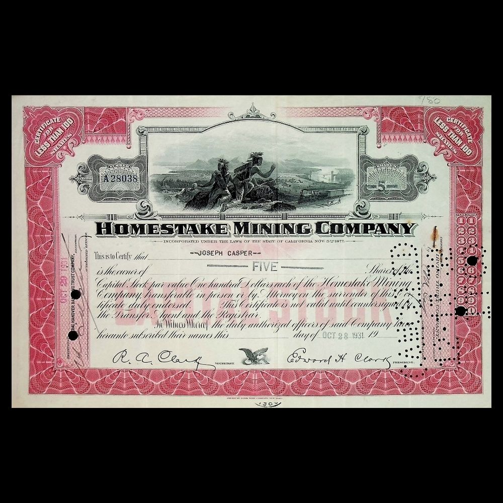 Homestake Mining Company from South Dakota Stock Certificate 1930s to 1940s