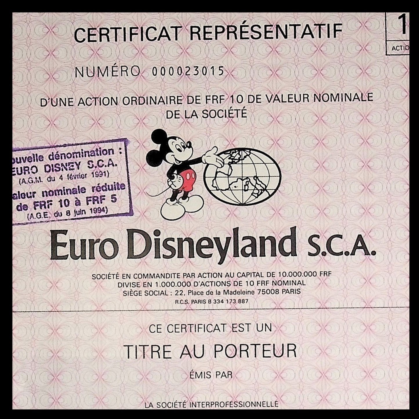 Euro Disneyland French Bond Certificate with Mickey Mouse from 1983