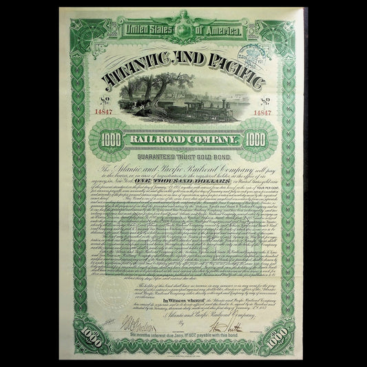 The Atlantic and Pacific Railroad Company Gold Bond Certificate from 1887 with coupons