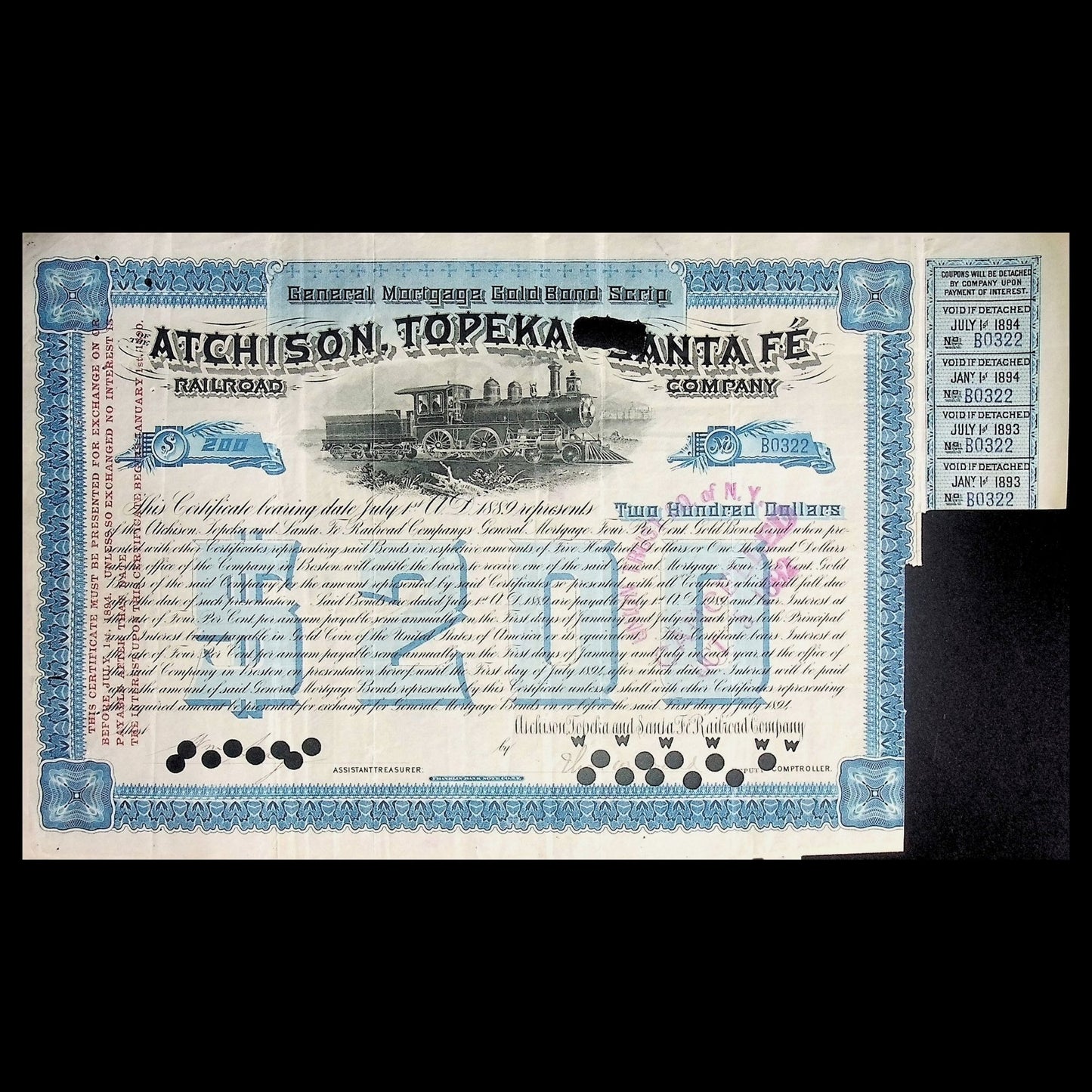 Atchison, Topeka, and Santa Fe Railroad Bond Scrip Certificate from 1894