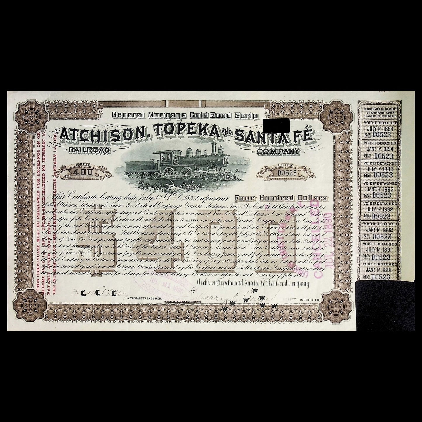 Atchison, Topeka, and Santa Fe Railroad Bond Scrip Certificate from 1894