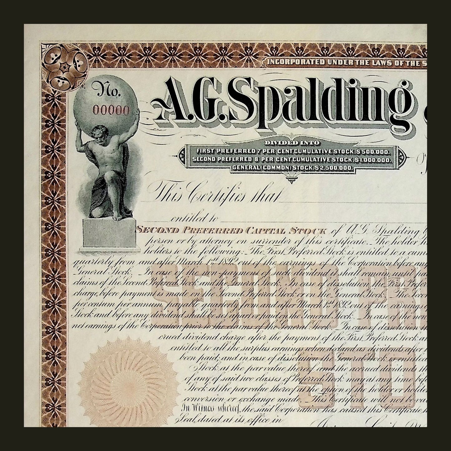 A. G. Spalding & Bros Stock Certificate Specimen early 1900s