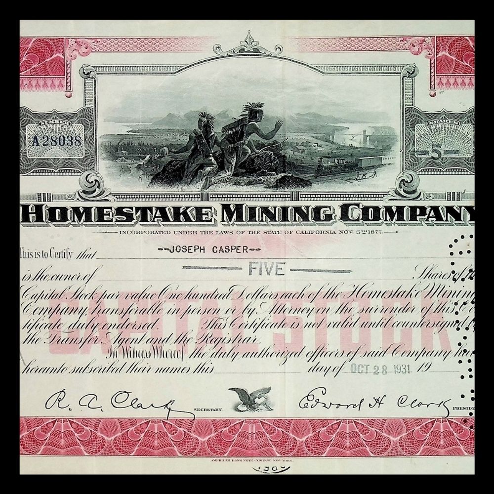 Homestake Mining Company from South Dakota Stock Certificate 1930s to 1940s
