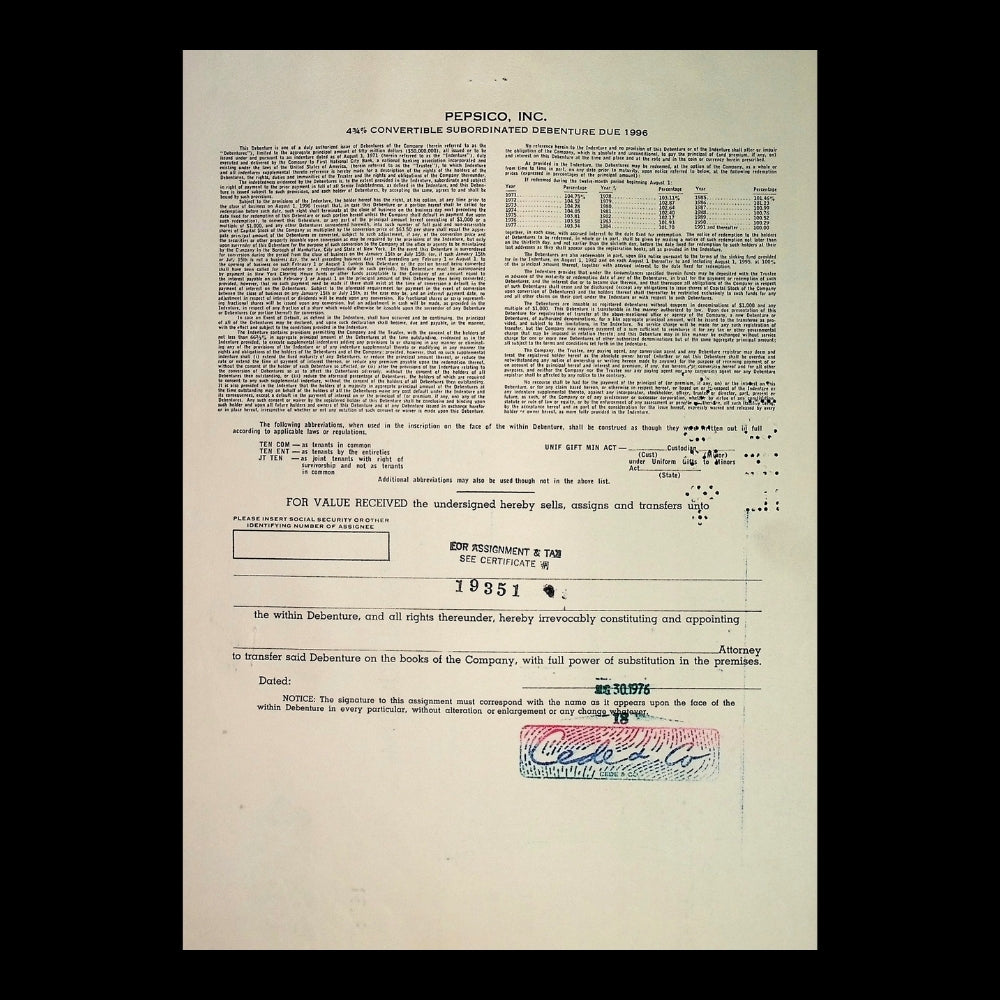 PepsiCo Bond Certificate Combo (Red, Cyan, Yellow) – New York, 1970s