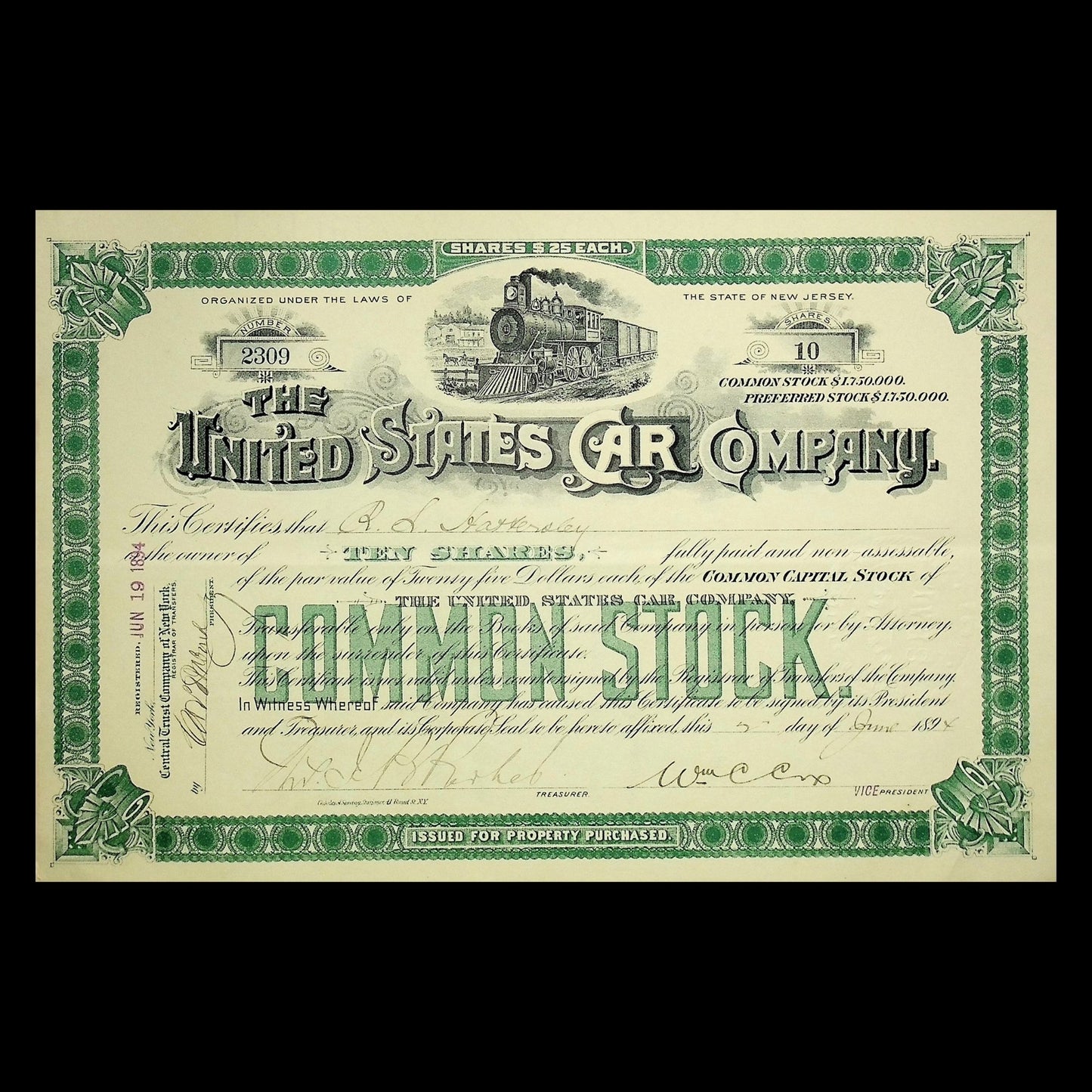 The United States Car Company Stock Certificate from 1894