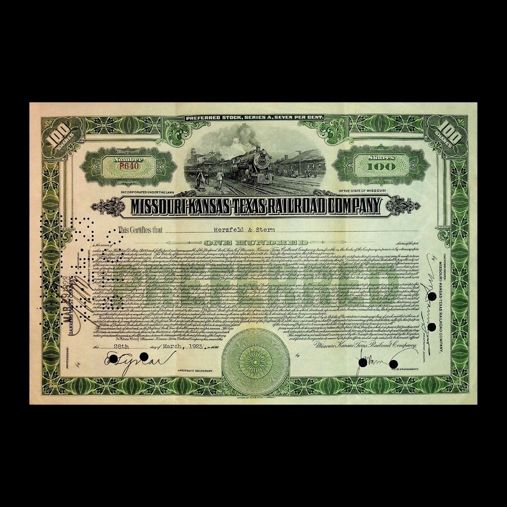 Missouri-Kansas Texas Railroad (Katy Railroad) Company Stock Certificate from 1940s
