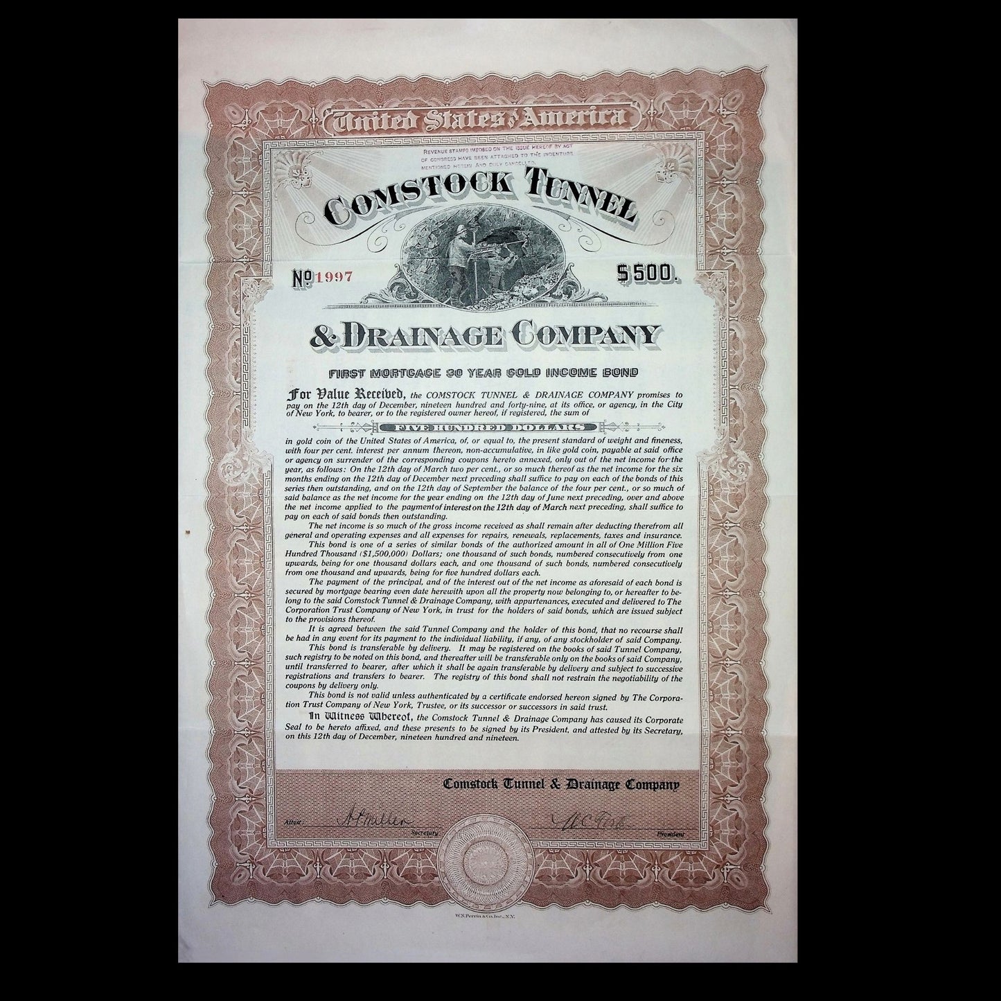 Comstock Tunnel & Drainage Company from Nevada - Bond Certificate from 1919