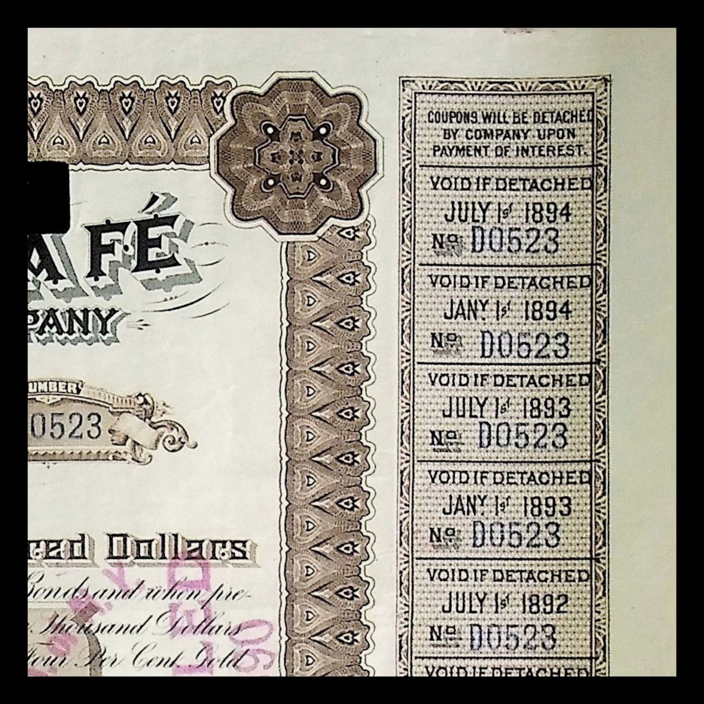 Atchison, Topeka, and Santa Fe Railroad Bond Scrip Certificate from 1894