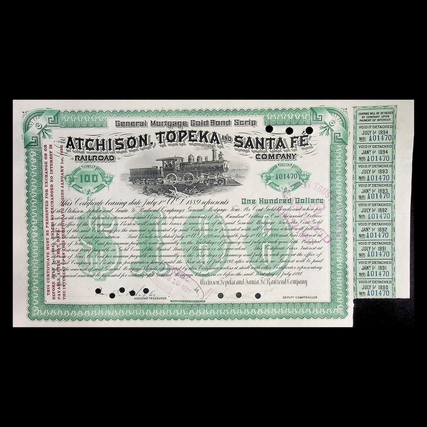 Atchison, Topeka, and Santa Fe Railroad Bond Scrip Certificate from 1894