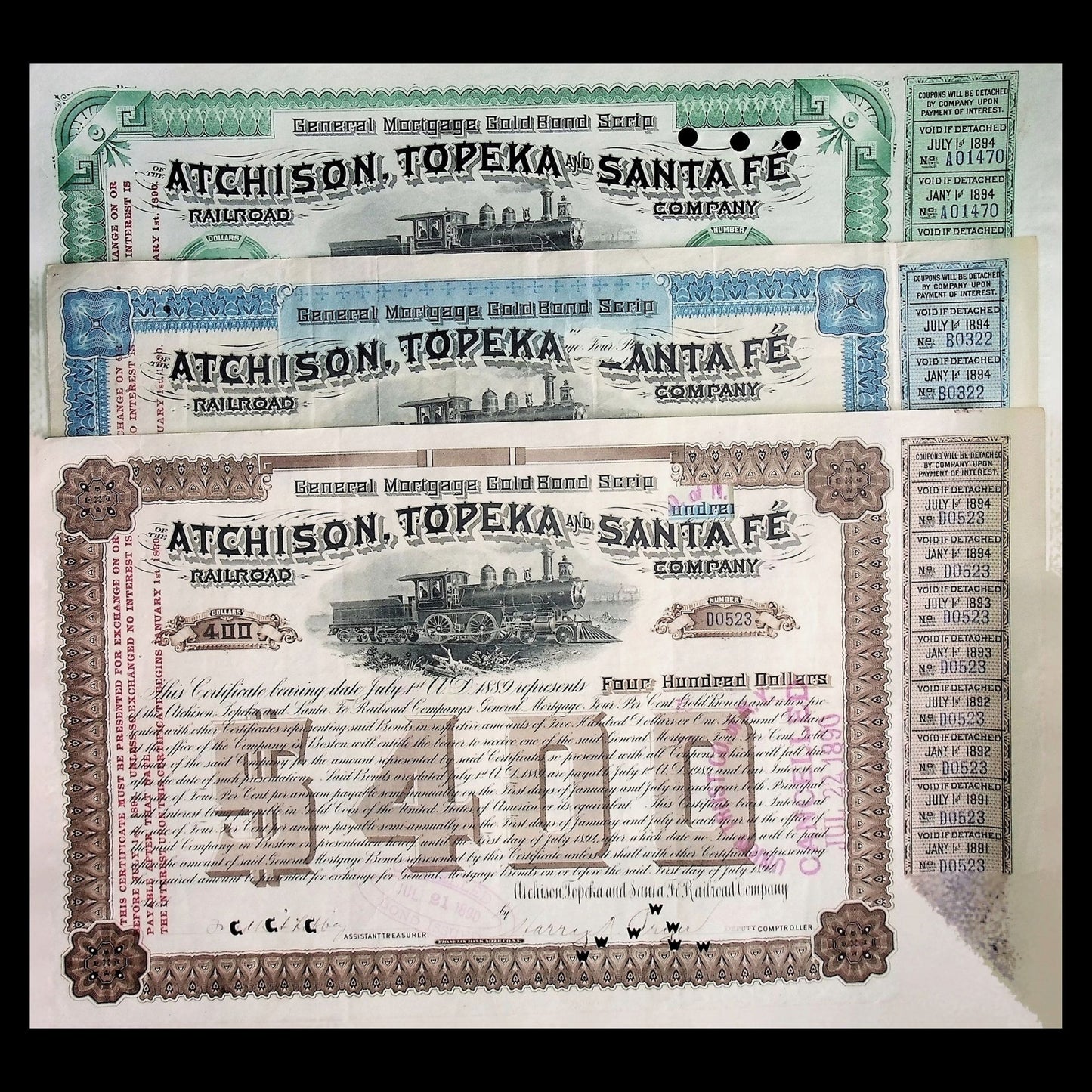 Atchison, Topeka, and Santa Fe Railroad Bond Scrip Certificate from 1894