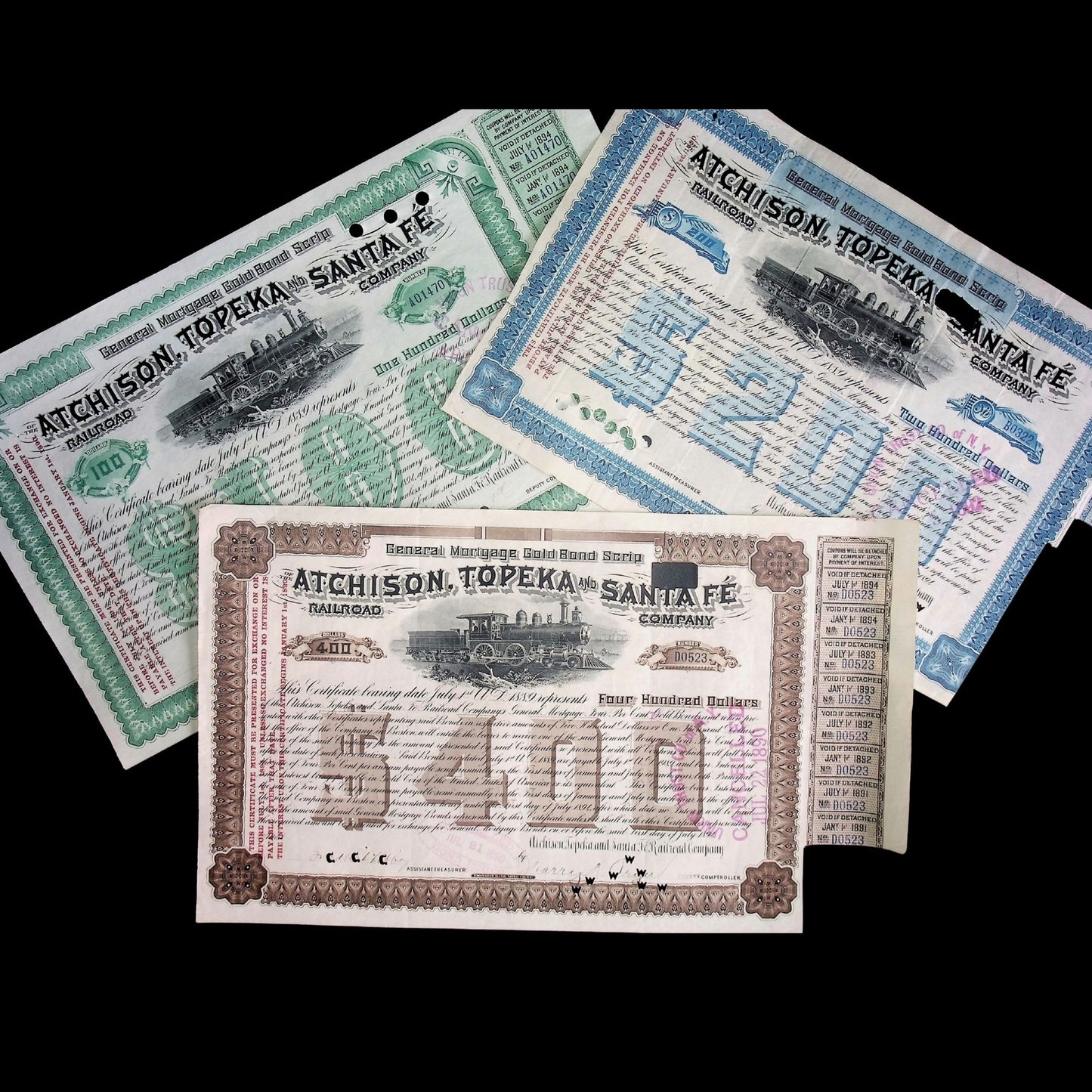 Atchison, Topeka, and Santa Fe Railroad Bond Scrip Certificate from 1894