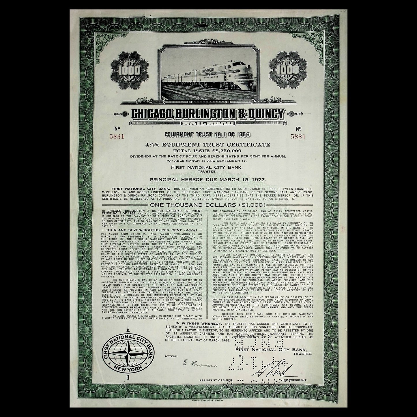Vintage stock certificate for Chicago, Burlington & Quincy Railroad with green border and black text.