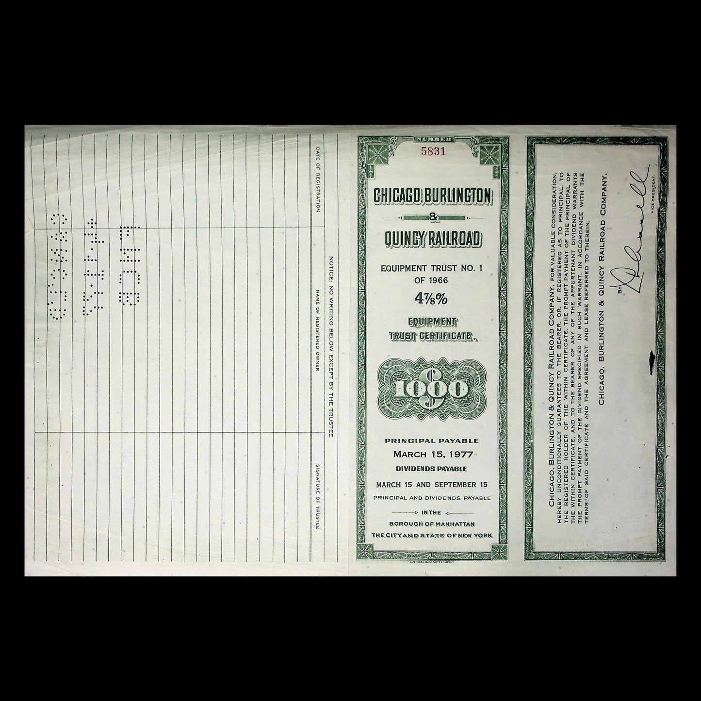 Chicago, Burlington and Quincy Railroad (Zephyr) Company Bond Certificate 1960s