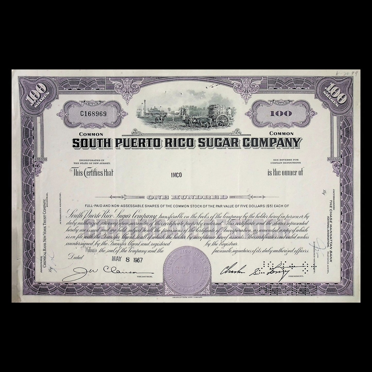 South Puerto Rico Sugar Company Stock Certificate from 1960s