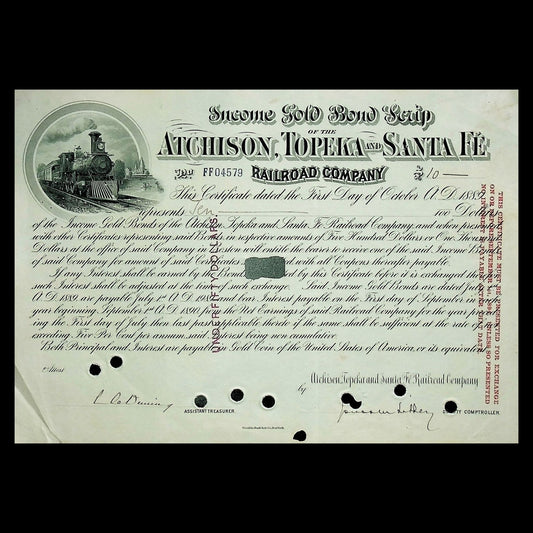 Vintage Atchison, Topeka and Santa Fe Railroad Company stock certificate with train illustration.