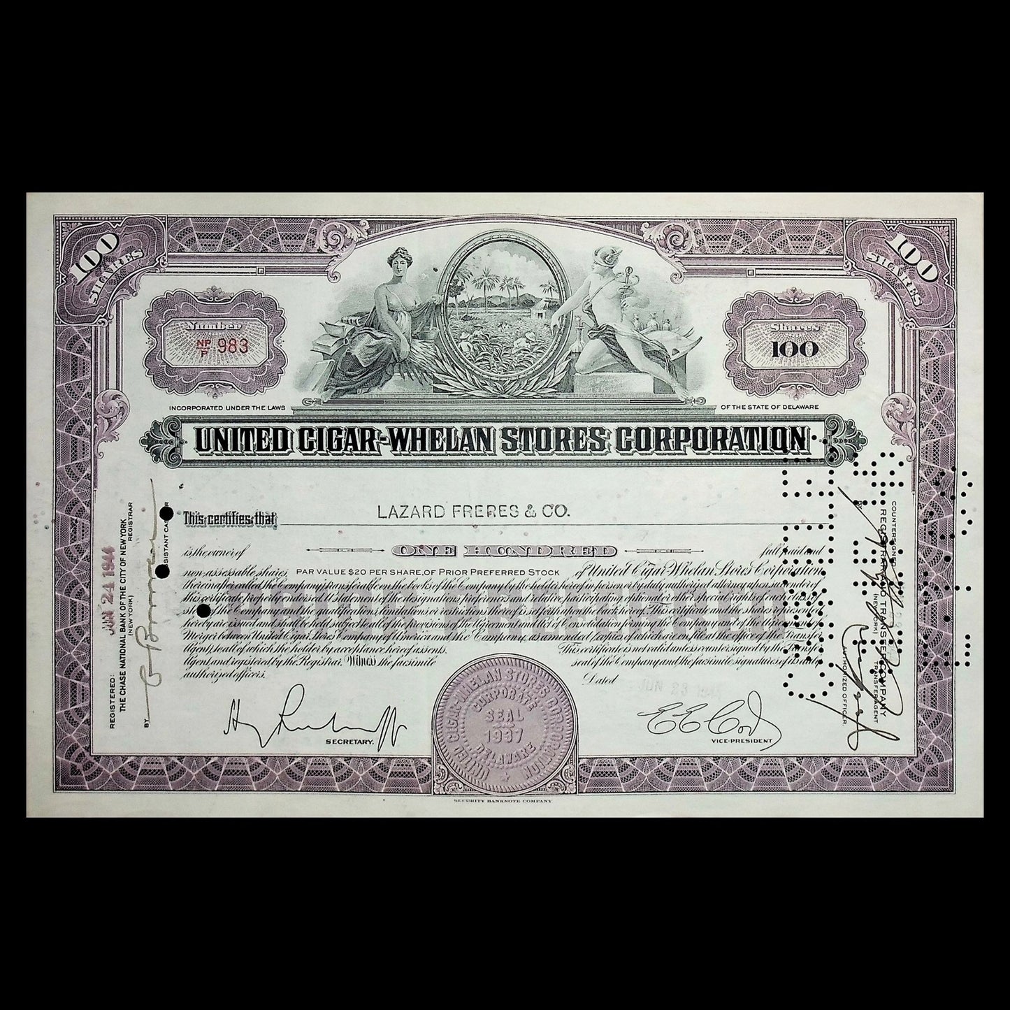 United Cigar-Whelan Stores Corporation Stock Certificate from 1940s