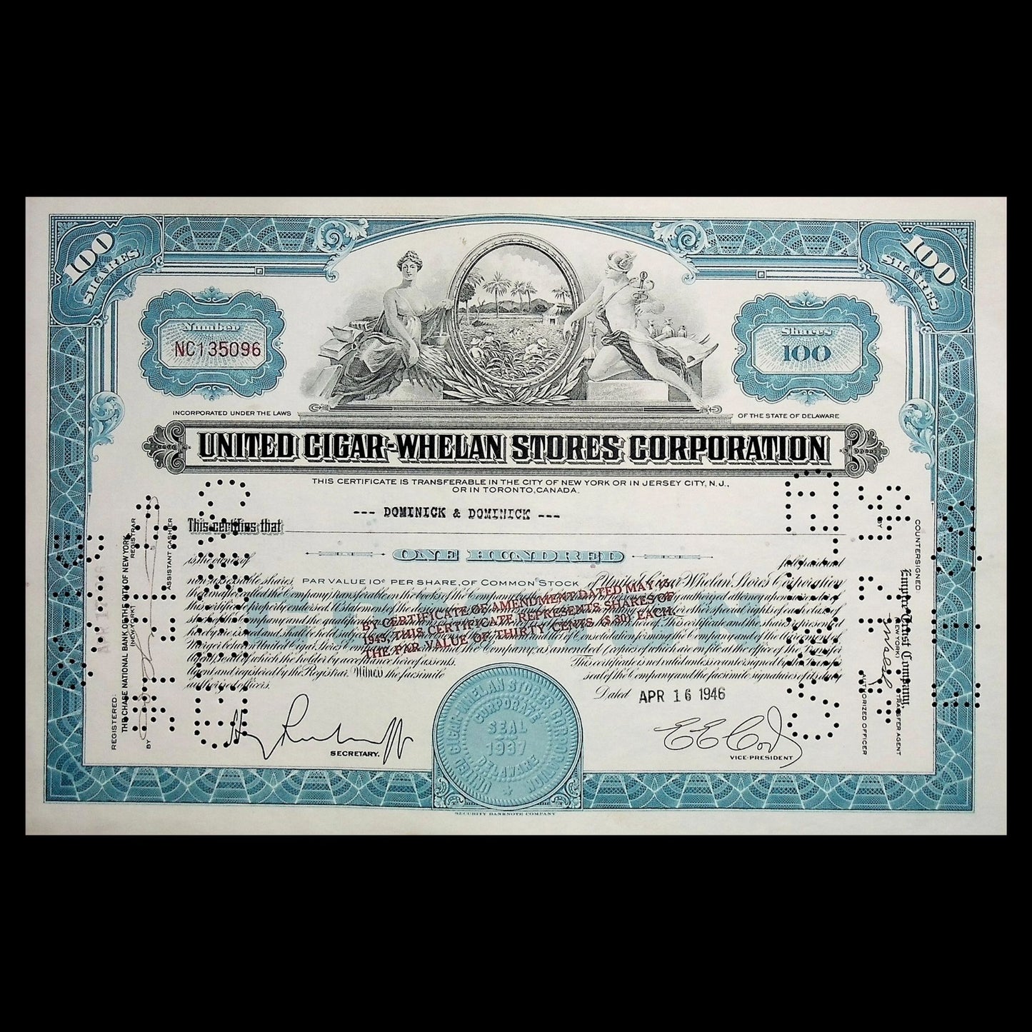 United Cigar-Whelan Stores Corporation Stock Certificate from 1940s