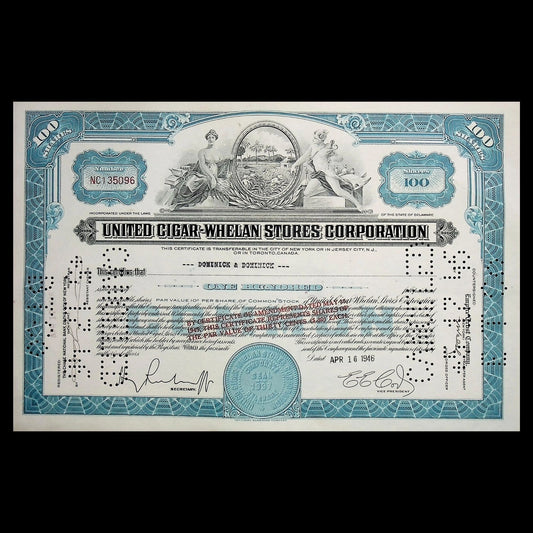 United Cigar-Whelan Stores Corporation Stock Certificate from 1940s