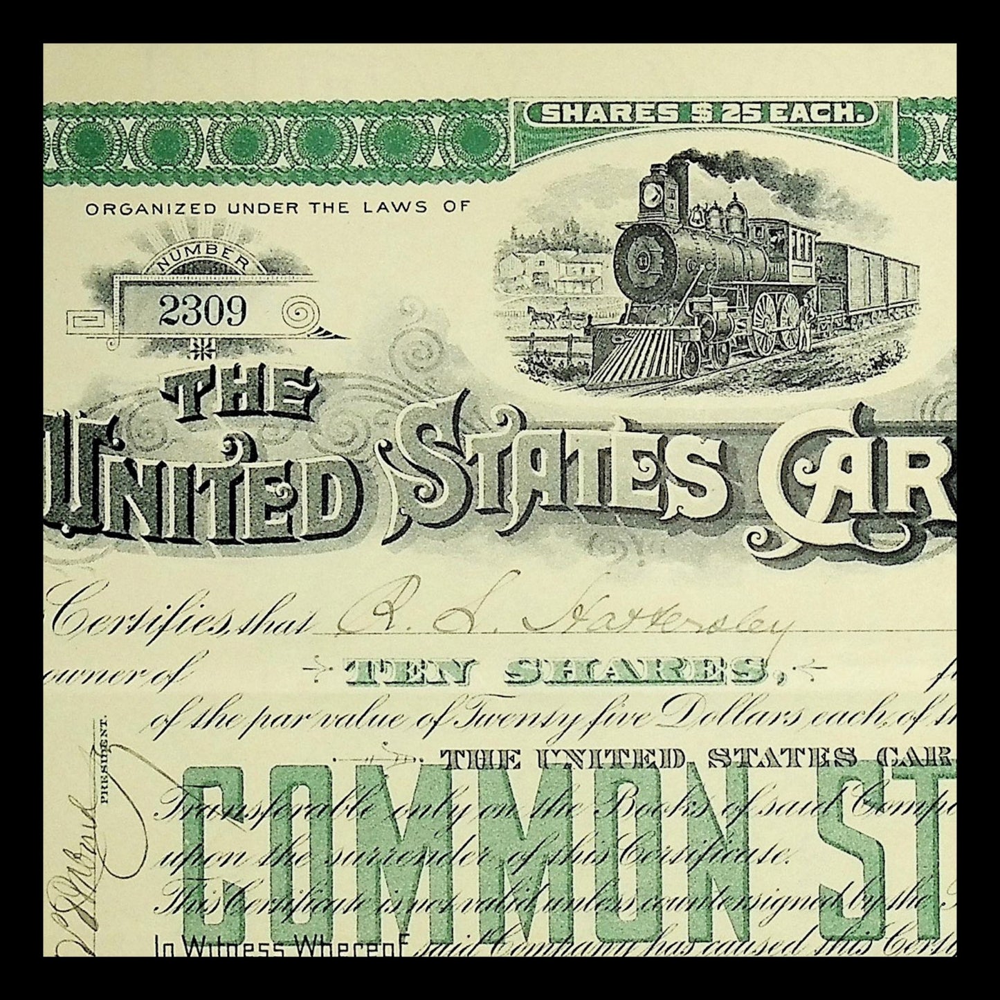 The United States Car Company Stock Certificate from 1894