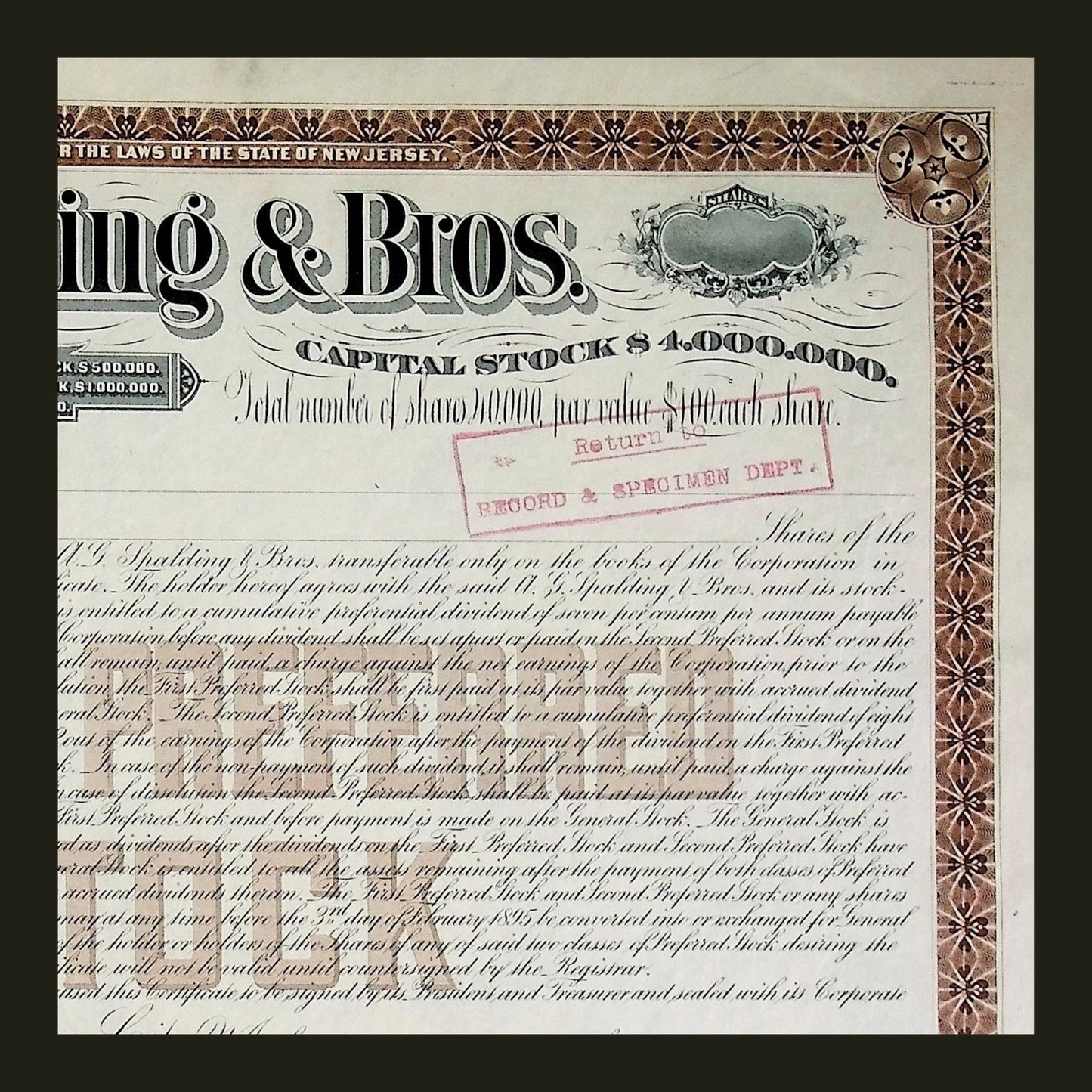 A. G. Spalding & Bros Stock Certificate Specimen early 1900s