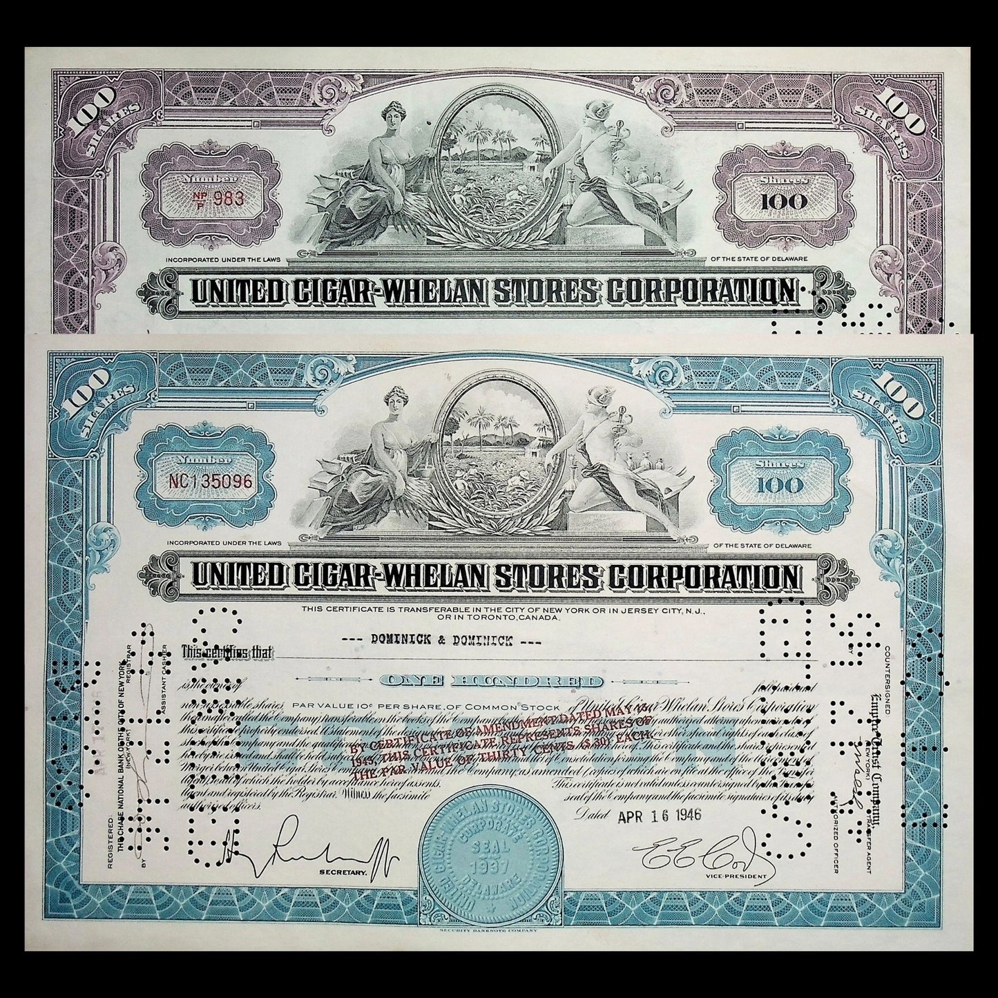 United Cigar-Whelan Stores Corporation Stock Certificate from 1940s