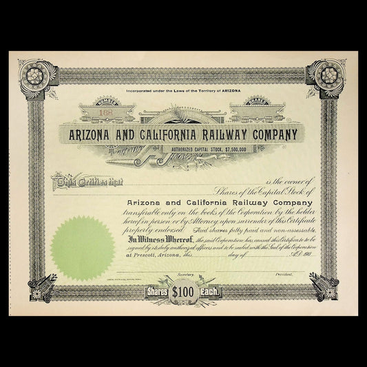 Arizona and California Railway Company Stock Certificate early 1900s