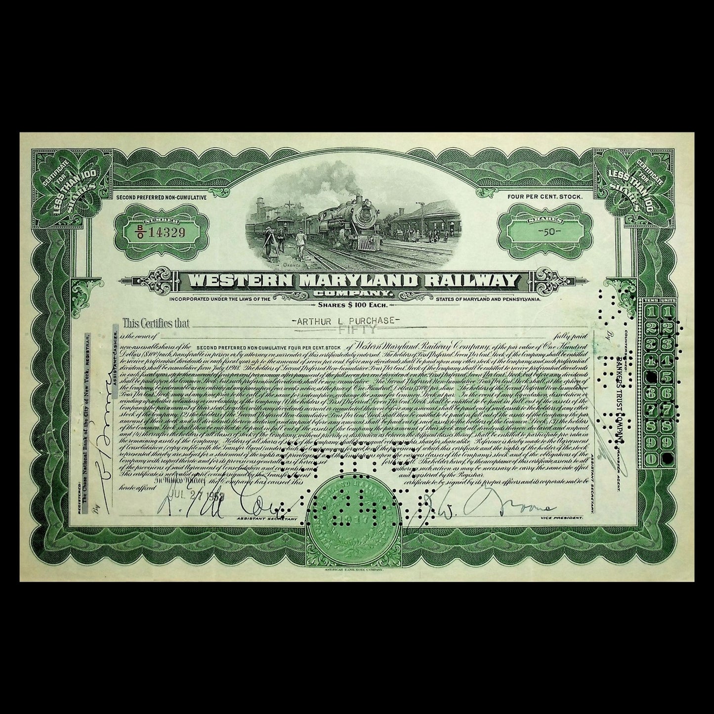 Western Maryland Railway Company Stock Certificate from 1950s